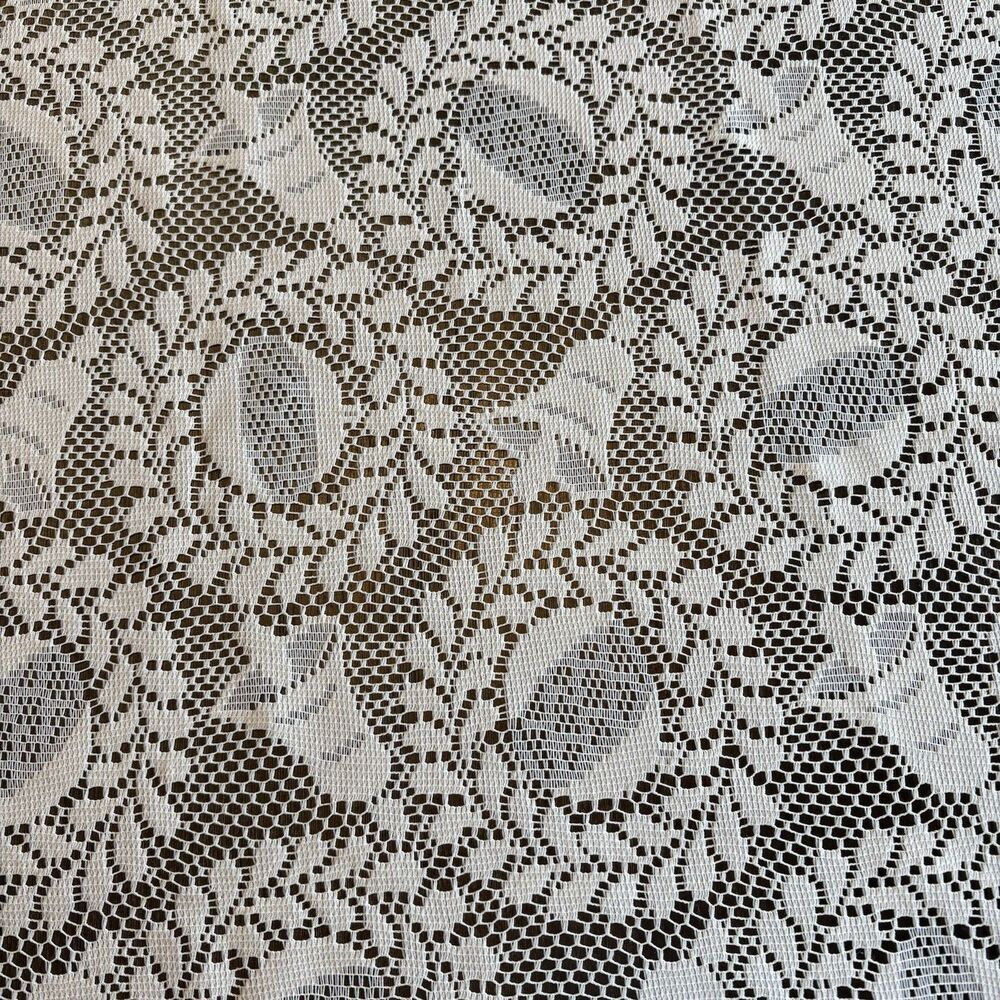 VTG Lace Curtain Ivory Floral Victorian Bells Ecru 66x68” Pocket Rod